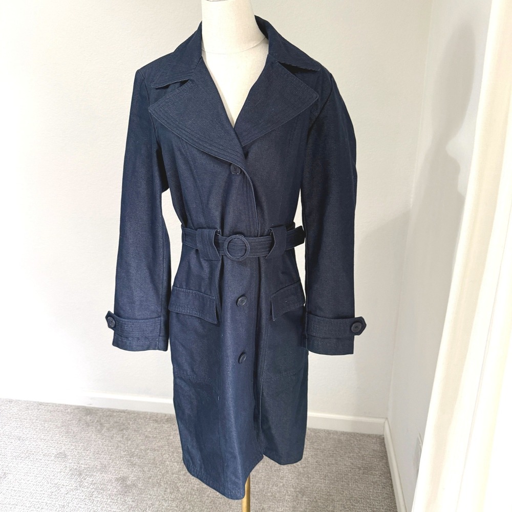 Y2K Gap Dark Indigo Denim Belted Trench Coat‎ Jacket Medium Fall 2001 Clean Girl